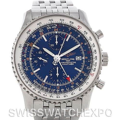 The image shows a front view of a Breitling Navitimer A24322 Men's Stainless Steel Blue Dial A24322 Men's Stainless Steel Blue Dial watch, displaying its blue dial, bezel, and stainless steel bracelet.