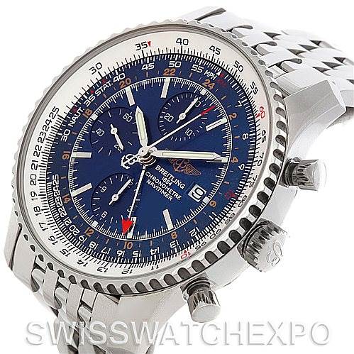 The image shows a Breitling Navitimer A24322 Men's Stainless Steel Blue Dial A24322 Men's Stainless Steel Blue Dial watch at an angle highlighting the case, bezel, chronograph dials, and stainless steel bracelet.