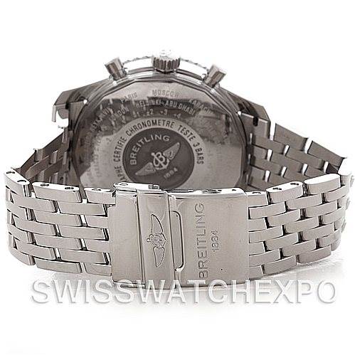 This image shows the back view of a Breitling Navitimer A24322 Men's Stainless Steel Blue Dial A24322 Men's Stainless Steel Blue Dial watch, highlighting its case back and metal bracelet with the Breitling logo.