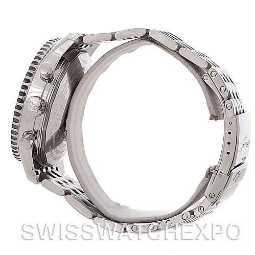 This image shows a side view of the Breitling Navitimer A24322 Men's Stainless Steel Blue Dial A24322 Men's Stainless Steel Blue Dial watch, highlighting the bezel, crown, pushers, and metal bracelet.