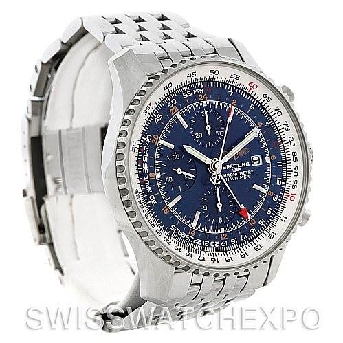 The Breitling Navitimer A24322 Men's Stainless Steel Blue Dial A24322 Men's Stainless Steel Blue Dial watch is shown at a slight left side angle, displaying its blue dial, bezel, and metal bracelet.