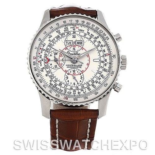 This image shows a front view of the Breitling Navitimer A21330 Men
s Stainless Steel Beige Dial A21330 Men
s Stainless Steel Beige Dial watch, highlighting its intricate dial and brown leather strap.
