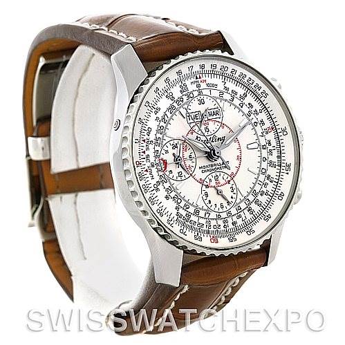 The photo shows a side-angle view of the Breitling Navitimer A21330 Men
s Stainless Steel Beige Dial A21330 Men
s Stainless Steel Beige Dial watch, highlighting its face, bezel, and brown leather strap.