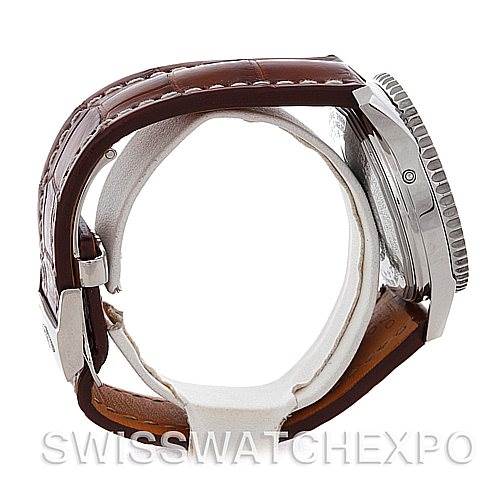 The image shows a side view of a Breitling Navitimer A21330 Men
s Stainless Steel Beige Dial A21330 Men
s Stainless Steel Beige Dial watch, highlighting the bezel, case, and leather strap.