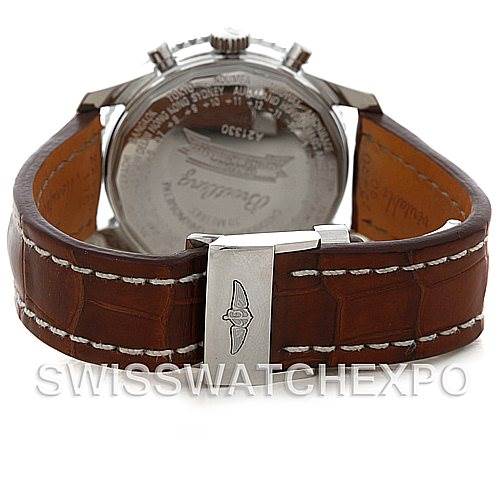 The image shows the back view of a Breitling Navitimer A21330 Men
s Stainless Steel Beige Dial A21330 Men
s Stainless Steel Beige Dial watch featuring its case back and leather strap with a silver clasp.