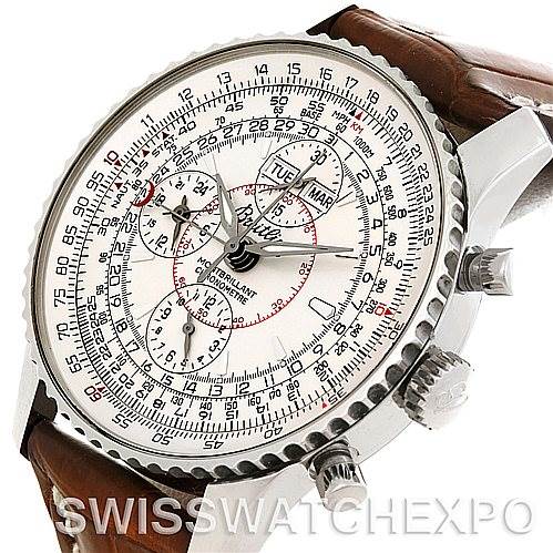 The Breitling Navitimer A21330 Men
s Stainless Steel Beige Dial A21330 Men
s Stainless Steel Beige Dial watch is shown at an angle displaying the face, crown, pushers, and leather strap.