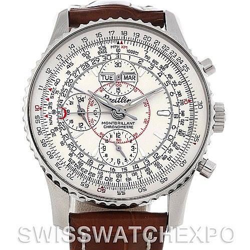 The image shows the front view of a Breitling Navitimer A21330 Men
s Stainless Steel Beige Dial A21330 Men
s Stainless Steel Beige Dial watch, displaying its face, bezel, and part of the strap.