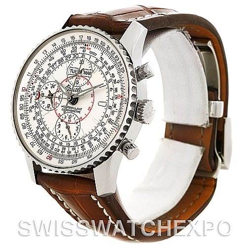 The image shows a Breitling Navitimer A21330 Men
s Stainless Steel Beige Dial A21330 Men
s Stainless Steel Beige Dial watch at a 3/4 angle, highlighting the dial, bezel, crown, pushers, and leather strap.