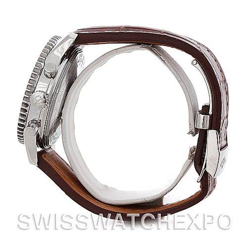 This image shows a side view of a Breitling Navitimer A21330 Men
s Stainless Steel Beige Dial A21330 Men
s Stainless Steel Beige Dial watch, highlighting the bezel, case, and brown leather strap.