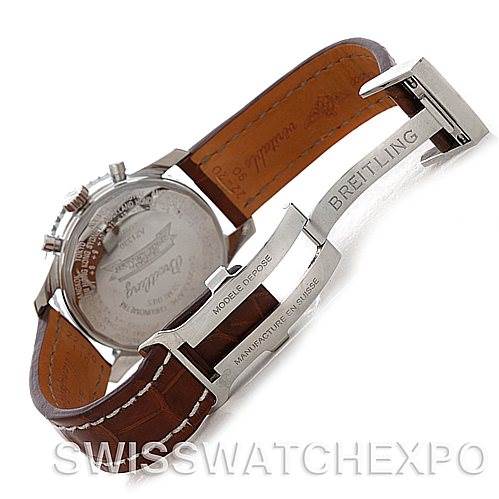 The image shows the back and clasp of a Breitling Navitimer A21330 Men
s Stainless Steel Beige Dial A21330 Men
s Stainless Steel Beige Dial watch, highlighting the open deployment clasp and leather strap.