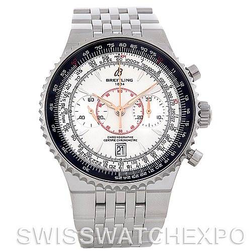 The image shows a frontal view of a Breitling Navitimer A23340 Men's Stainless Steel White Dial A23340 Men's Stainless Steel White Dial watch, displaying its dial, bezel, chronograph subdials, and metal bracelet.