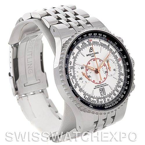 This image shows a side angle of a Breitling Navitimer A23340 Men's Stainless Steel White Dial A23340 Men's Stainless Steel White Dial watch, highlighting the face, bezel, and metal strap.