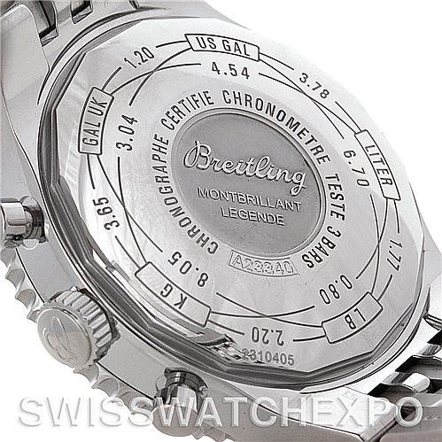 The image shows the back case of a Breitling Navitimer A23340 Men's Stainless Steel White Dial A23340 Men's Stainless Steel White Dial Montbrillant Legende watch at an angle highlighting the engravings.
