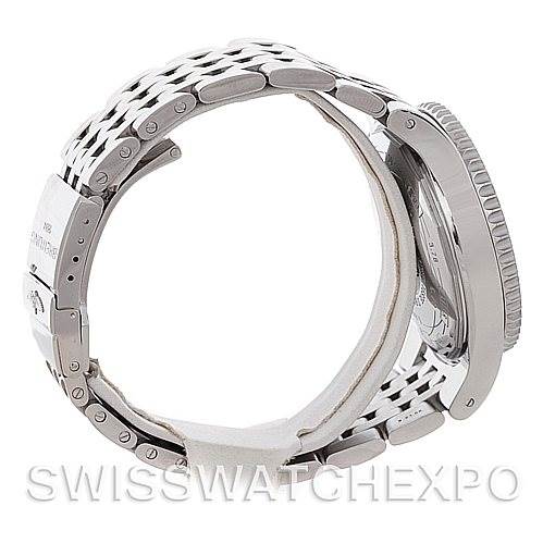 The image shows a side view of a Breitling Navitimer A23340 Men's Stainless Steel White Dial A23340 Men's Stainless Steel White Dial watch, highlighting its clasp, bracelet, and case.