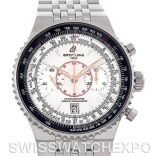 This image shows a Breitling Navitimer A23340 Men's Stainless Steel White Dial A23340 Men's Stainless Steel White Dial watch from the front, displaying its dial, bezel, and stainless steel bracelet.