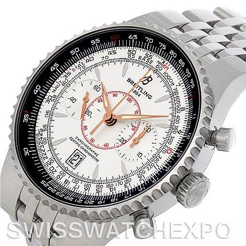 The image shows a Breitling Navitimer A23340 Men's Stainless Steel White Dial A23340 Men's Stainless Steel White Dial watch at a three-quarter angle, highlighting the bezel, crown, chronograph dials, and bracelet.