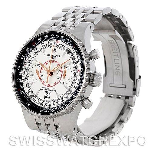 This image shows a Breitling Navitimer A23340 Men's Stainless Steel White Dial A23340 Men's Stainless Steel White Dial watch at an angle emphasizing its face, bezel, and metal bracelet.