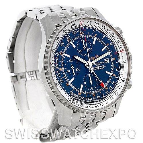 This image shows a Breitling Navitimer A24322 Men's Stainless Steel Blue Dial A24322 Men's Stainless Steel Blue Dial watch at an angled view, displaying its blue dial, bezel, and metal bracelet.