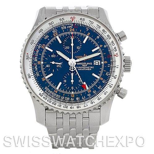 The image shows a front view of a Breitling Navitimer A24322 Men's Stainless Steel Blue Dial A24322 Men's Stainless Steel Blue Dial watch featuring a blue dial, chronograph subdials, and stainless steel bracelet.