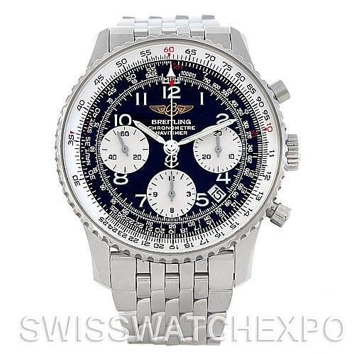 The image shows a frontal view of a Breitling Navitimer A23322 Men's Stainless Steel Black Dial A23322 Men's Stainless Steel Black Dial watch, displaying its dial, bezel, and bracelet.