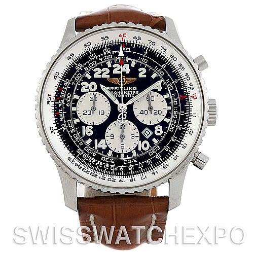 The image shows a front view of the Breitling Navitimer A22322 Men's Stainless Steel Black Dial A22322 Men's Stainless Steel Black Dial watch, featuring its bezel, dial, and brown leather strap.