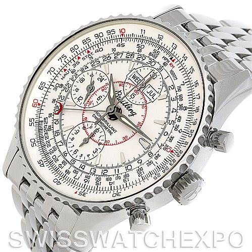 The image shows a Breitling Navitimer A21330 Men's Stainless Steel Beige Dial A21330 Men's Stainless Steel Beige Dial watch at an angled view, highlighting its face, multiple dials, and metal bracelet.