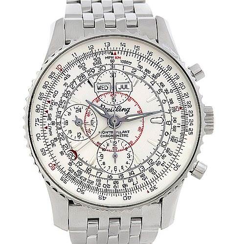 The image shows a front view of the Breitling Navitimer A21330 Men's Stainless Steel Beige Dial A21330 Men's Stainless Steel Beige Dial watch, featuring a detailed dial, chronograph subdials, and stainless steel bracelet.