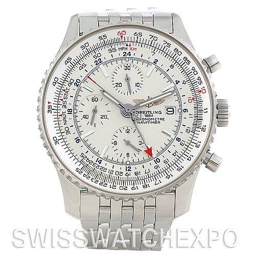 The image shows a frontal view of the Breitling Navitimer A24322 Men's Stainless Steel White Dial A24322 Men's Stainless Steel White Dial watch, highlighting its dial, sub-dials, date display, and bracelet.