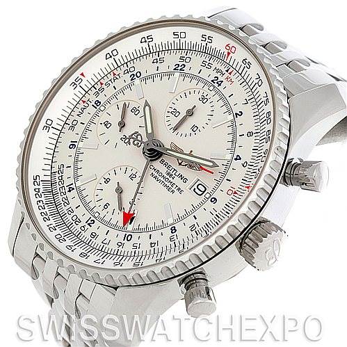 This image shows a Breitling Navitimer A24322 Men's Stainless Steel White Dial A24322 Men's Stainless Steel White Dial watch at an angled view, displaying the face, bezel, crown, pushers, and a portion of the bracelet.