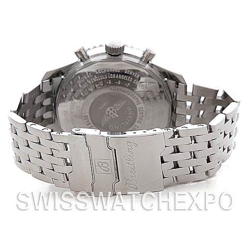 The image shows the reverse side and clasp of a Breitling Navitimer A24322 Men's Stainless Steel White Dial A24322 Men's Stainless Steel White Dial watch, highlighting the back case and metal bracelet.