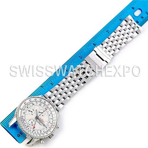 The image shows a Breitling Navitimer A24322 Men's Stainless Steel White Dial A24322 Men's Stainless Steel White Dial watch laid flat with its metal bracelet extended next to a blue ruler for size comparison.