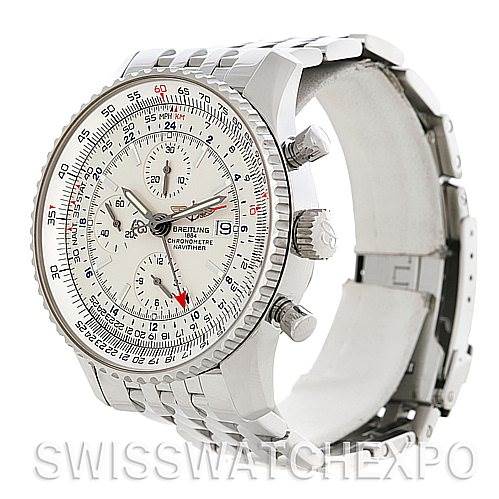 This image shows a Breitling Navitimer A24322 Men's Stainless Steel White Dial A24322 Men's Stainless Steel White Dial watch from a front side angle, highlighting its dial, bezel, crown, and bracelet.