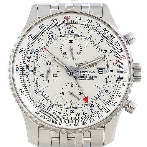 This image shows a front view of the Breitling Navitimer A24322 Men's Stainless Steel White Dial A24322 Men's Stainless Steel White Dial watch, displaying all sub-dials, bezel, and crown in detail.