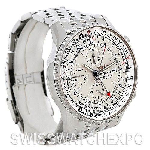 The image shows a Breitling Navitimer A24322 Men's Stainless Steel White Dial A24322 Men's Stainless Steel White Dial watch from a front-left angle, highlighting its face, bezel, and metal bracelet band.