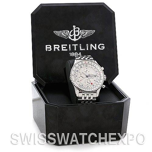 The Breitling Navitimer A24322 Men's Stainless Steel White Dial A24322 Men's Stainless Steel White Dial watch is shown in a front angle, seated in an open black Breitling box.