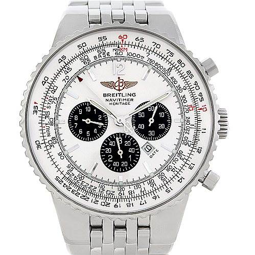 The image shows a front view of the Breitling Navitimer A35340 Men's Stainless Steel White Dial A35340 Men's Stainless Steel White Dial Heritage watch, displaying its dial, chronograph subdials, and part of the bracelet.