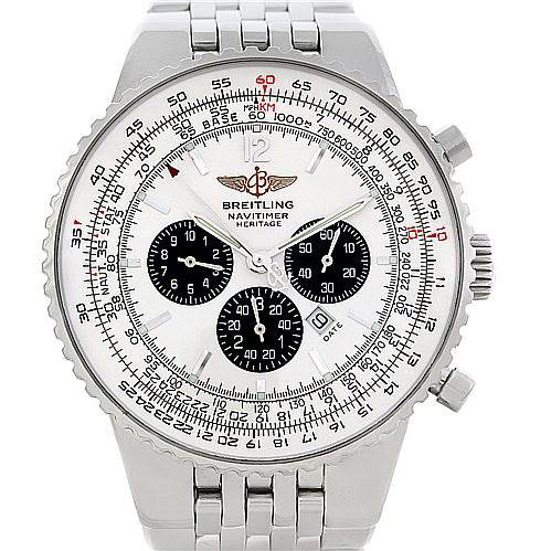 The image shows a front view of the Breitling Navitimer Heritage watch, displaying its dial, chronograph subdials, and part of the bracelet.