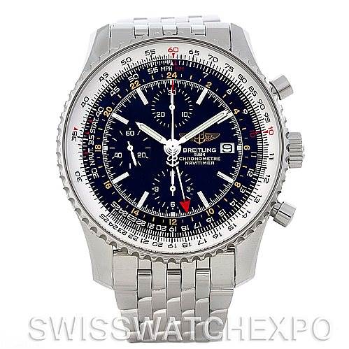 The image shows a front view of a Breitling Navitimer A24322 Men's Stainless Steel Black Dial A24322 Men's Stainless Steel Black Dial watch, highlighting the dial, bezel, and the stainless steel bracelet.