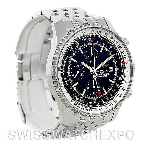 The image shows a Breitling Navitimer A24322 Men's Stainless Steel Black Dial A24322 Men's Stainless Steel Black Dial watch from a front angle, highlighting its dial, bezel, and bracelet.