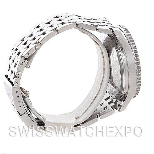 Side angle view of a Breitling Navitimer A24322 Men's Stainless Steel Black Dial A24322 Men's Stainless Steel Black Dial, showcasing the metal bracelet and the side of the watch case.