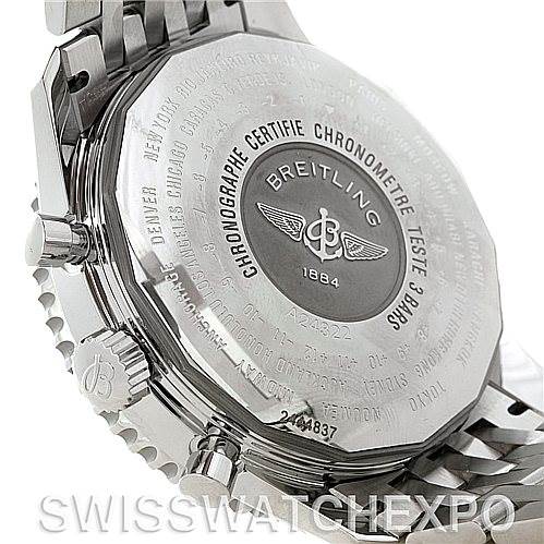 The photo shows the back case and bracelet of a Breitling Navitimer A24322 Men's Stainless Steel Black Dial A24322 Men's Stainless Steel Black Dial watch, highlighting the engraved details and the logo.
