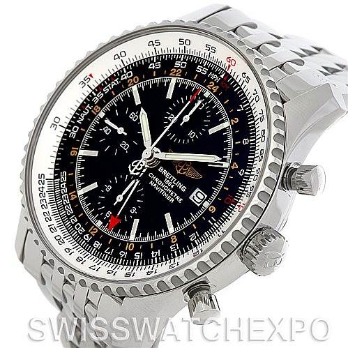 The image shows a front angle of the Breitling Navitimer A24322 Men's Stainless Steel Black Dial A24322 Men's Stainless Steel Black Dial, highlighting its dial, bezel, crown, and pushers.