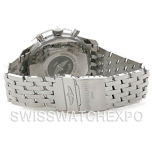 The image shows the back view of a Breitling Navitimer A24322 Men's Stainless Steel Black Dial A24322 Men's Stainless Steel Black Dial watch, including its case back, clasp, and metal bracelet.