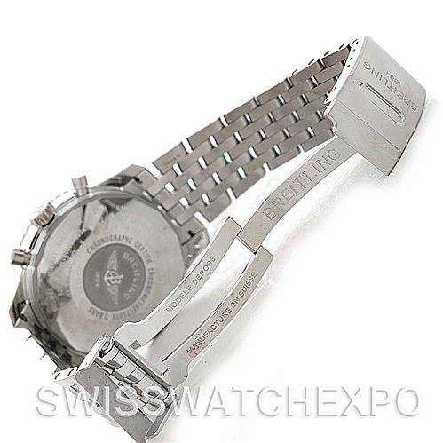 This image shows the back case and open bracelet of a Breitling Navitimer A24322 Men's Stainless Steel Black Dial A24322 Men's Stainless Steel Black Dial watch, highlighting the clasp and bracelet links.