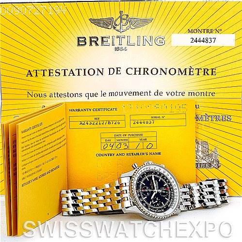 The image shows a Breitling Navitimer A24322 Men's Stainless Steel Black Dial A24322 Men's Stainless Steel Black Dial watch placed in front of its warranty certificate and chronometer attestation documents.