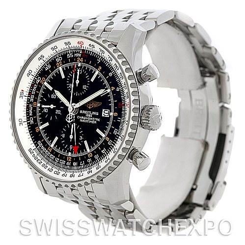 This image shows a Breitling Navitimer A24322 Men's Stainless Steel Black Dial A24322 Men's Stainless Steel Black Dial watch in a side and front angle, highlighting the dial, bezel, pushers, and bracelet.