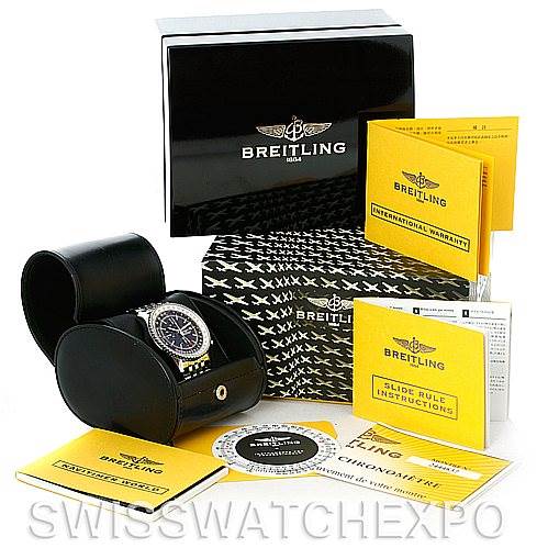 The image shows a Breitling Navitimer A24322 Men's Stainless Steel Black Dial A24322 Men's Stainless Steel Black Dial watch with its box, papers, manuals, and warranty card, displayed at an angle from the front.