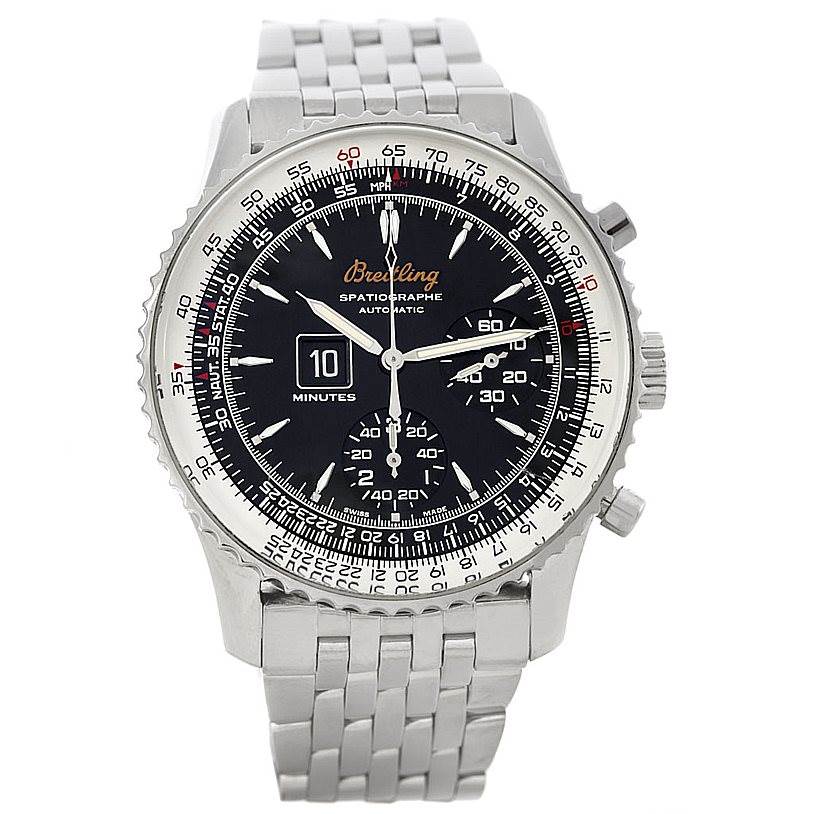 The image shows a front view of the Breitling Navitimer A36030 Men's Stainless Steel Black Dial A36030 Men's Stainless Steel Black Dial watch, displaying its face, dial, bezel, and metal bracelet.