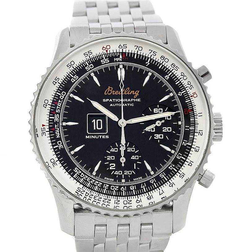 The image shows a front view of a Breitling Navitimer A36030 Men's Stainless Steel Black Dial A36030 Men's Stainless Steel Black Dial watch with a stainless steel bracelet and detailed dial features.