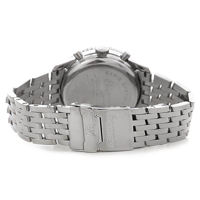 This image shows the back view of a Breitling Navitimer A36030 Men's Stainless Steel Black Dial A36030 Men's Stainless Steel Black Dial watch, highlighting its clasp and stainless steel bracelet.